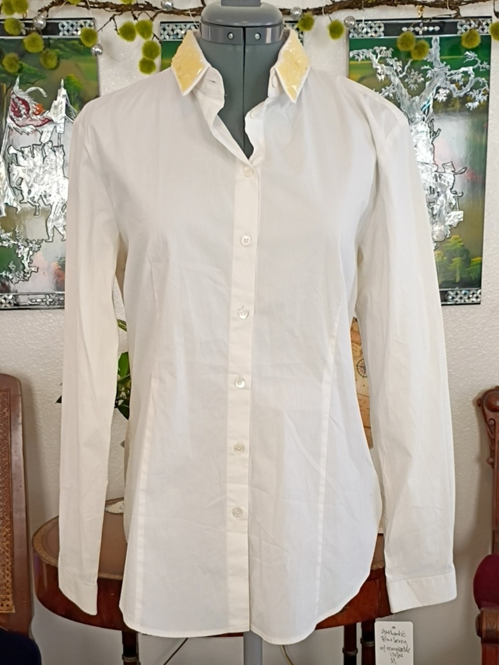 Burberry White Button Down Shirt With Bedazzled Collar Size 12